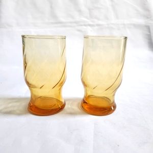 Vintage Libbey Amber Yellow Optic Swirl Juice Glass Pair